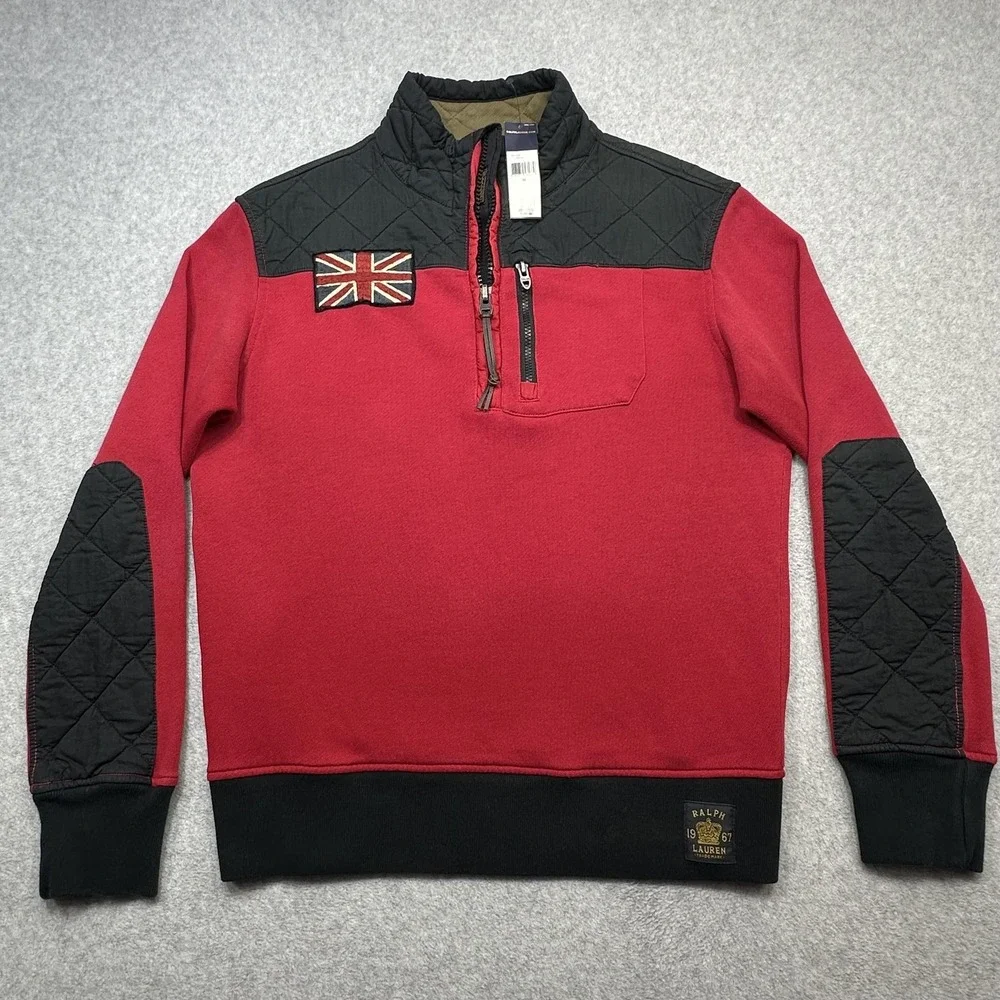 Vintage Polo Ralph Lauren Sweatshirt Medium Red Black Quilted 1/2 Zip Union Jack